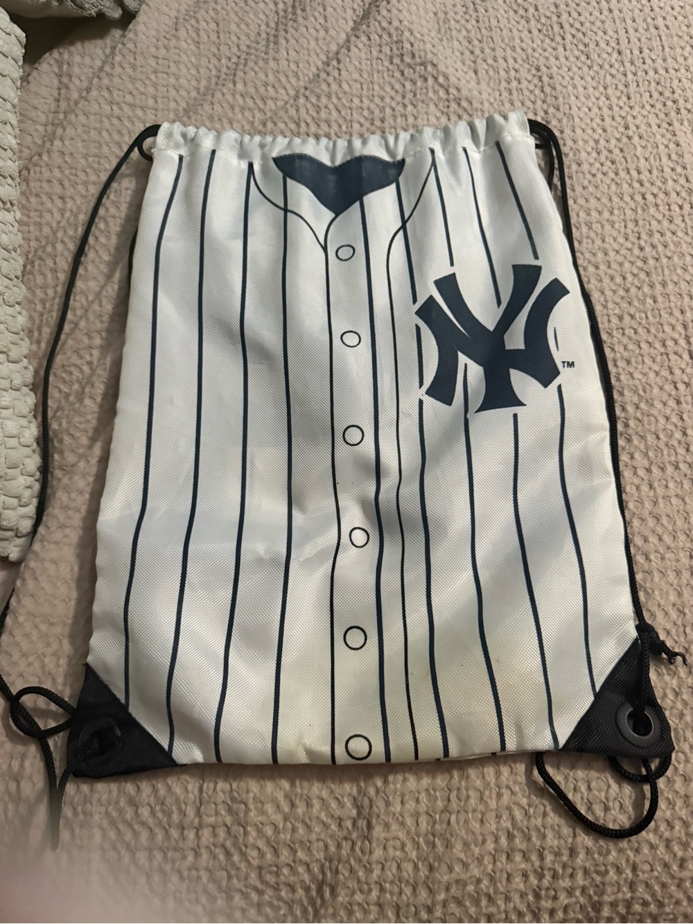 White & Navy NY Yankees  Pinstripe Drawstring Bag